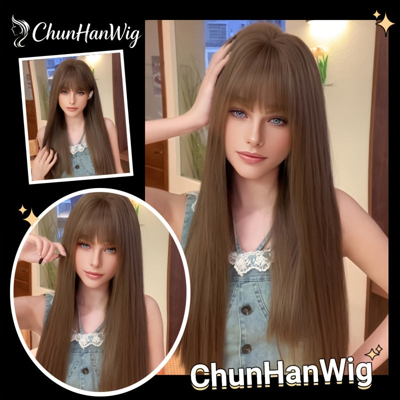 Mature European and American Style Women's Wig, Dark Brown, Straight Long Hair with Bangs, 26 Inches, Elegant European and American Style, Warm Brown Base Color, Suitable for Festivals, Parties, Daily Photos, Dates, Fluffy, Breathable, Comfortable