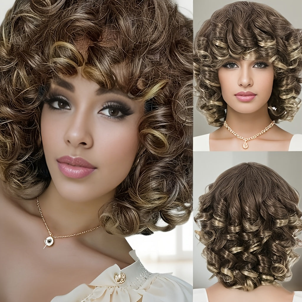 Heat-Resistant Synthetic Bob Wigs for Women And Girls Featuring a Short, Curly Afro Style with Bangs