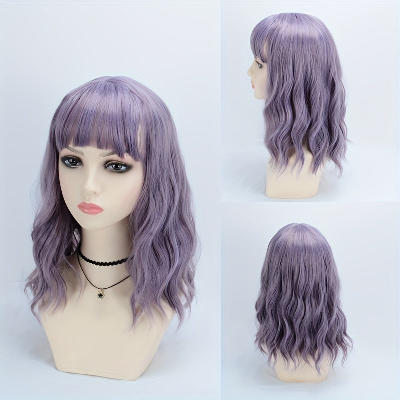 Women'S Pink Wig with Air Bangs, Wavy Rose Inner Net Short Curly Hair, Suitable for Cosplay Halloween Parties And Daily Wear