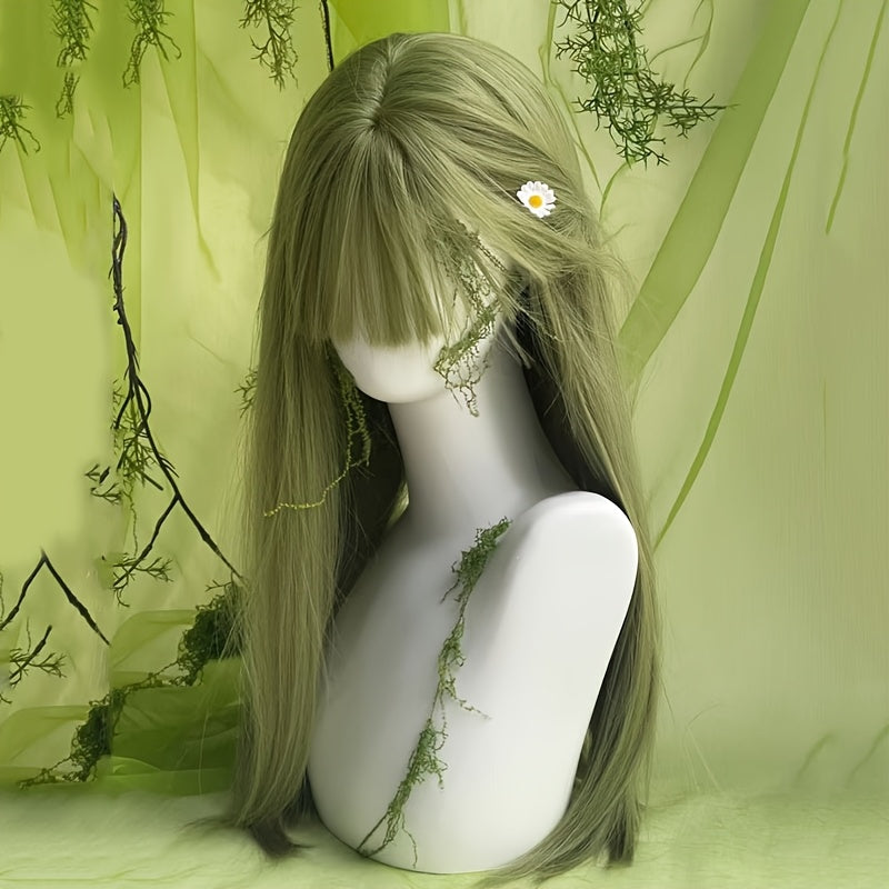 26-inch Green Women'S Festival Costume Wig | Straight Long Hair with Bangs, Rose Net with Fake Scalp, High Temperature Fiber, Perfect for Holiday Music Festivals and Parties