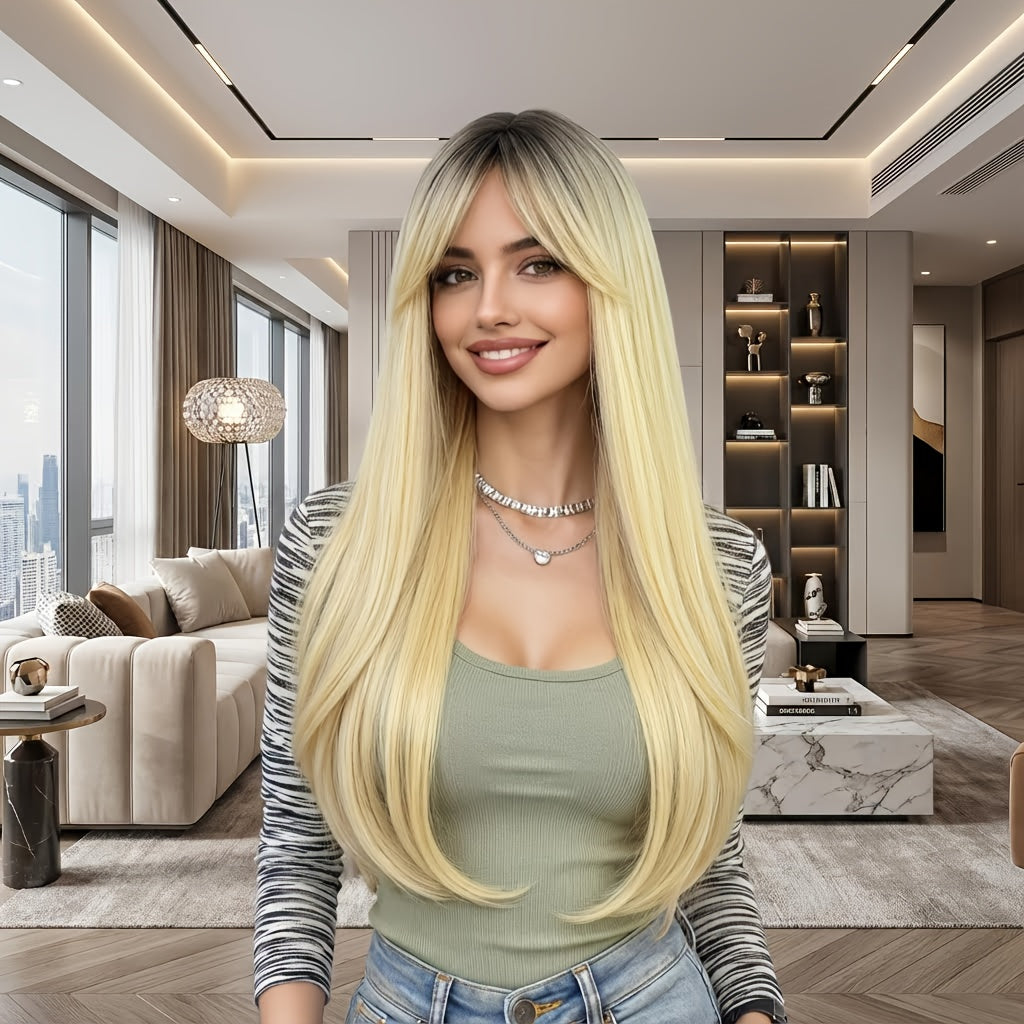 Women's Golden Heat-resistant Fiber and Natural Synthetic Hair Wig with Rose Net Cap - Full Head Wig, Layered Texture, Natural Gradient Golden, Suitable for Halloween and Casual Attire - Comfortable and Durable - Easy to Maintain - Seamless Removal