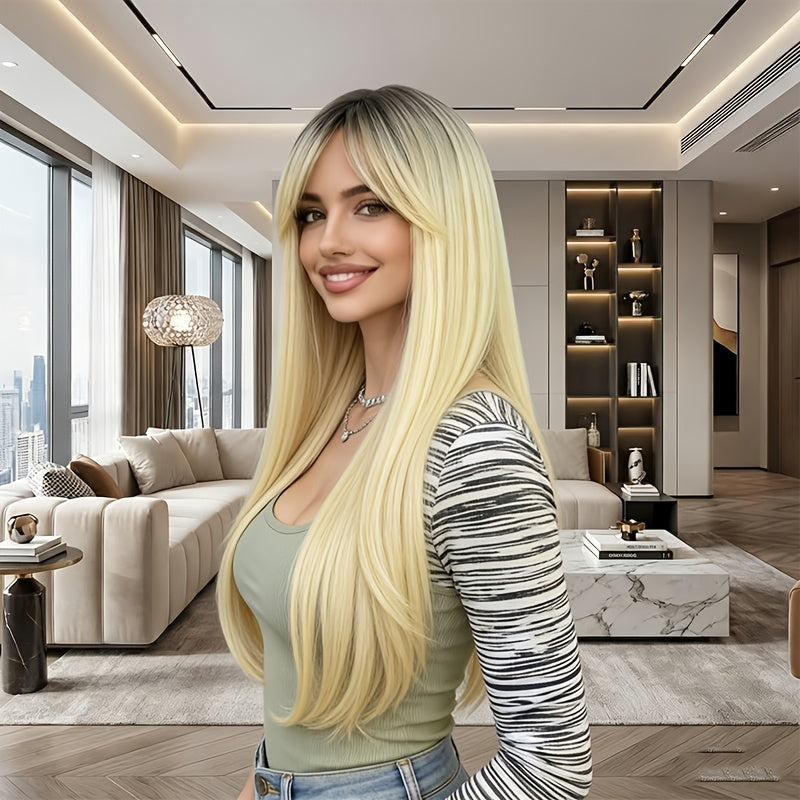 Women's Golden Heat-resistant Fiber and Natural Synthetic Hair Wig with Rose Net Cap - Full Head Wig, Layered Texture, Natural Gradient Golden, Suitable for Halloween and Casual Attire - Comfortable and Durable - Easy to Maintain - Seamless Removal