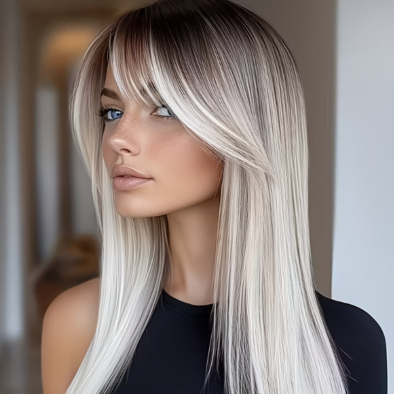 26-inch White Gradient Straight Hair with Bangs | High Temperature Fiber, Non-Frizzy, Ideal for Shopping, Photography, Festivals, Parties, and Gifts