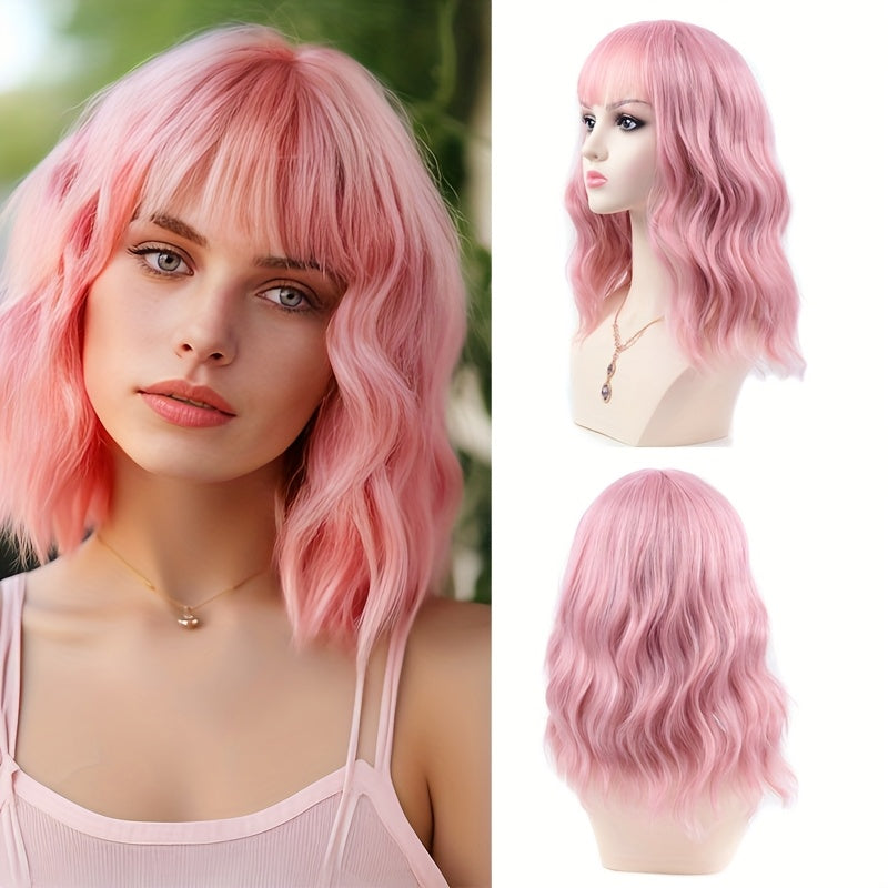 Women'S Pink Wig with Air Bangs, Wavy Rose Inner Net Short Curly Hair, Suitable for Cosplay Halloween Parties And Daily Wear
