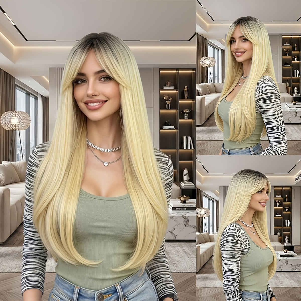 Women's Golden Heat-resistant Fiber and Natural Synthetic Hair Wig with Rose Net Cap - Full Head Wig, Layered Texture, Natural Gradient Golden, Suitable for Halloween and Casual Attire - Comfortable and Durable - Easy to Maintain - Seamless Removal