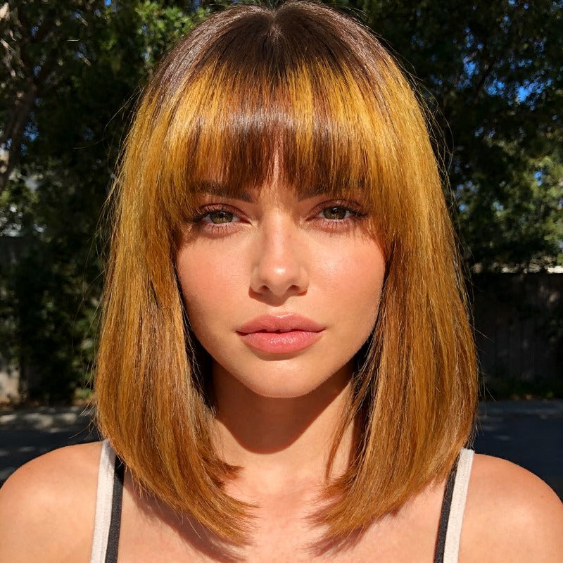 Light brown wig with bangs, 12in short and easy to store straight hair, slightly curled ends. Suitable for all women for Halloween, Music Festival and Christmas costume wigs