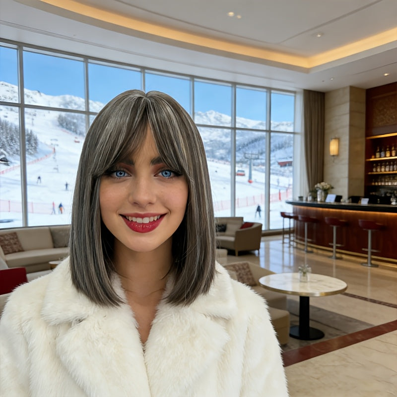 Women' & Unisex BOB Straight Wig with Bangs & Layered Hair - Heat-Resistant Wig Cap Suitable for Daily Commuting, Cosplay, Dating, Cap for Volume, Gray\u002FWhite Hairpiece for Bob Wigs, Affordable for Skin Tones