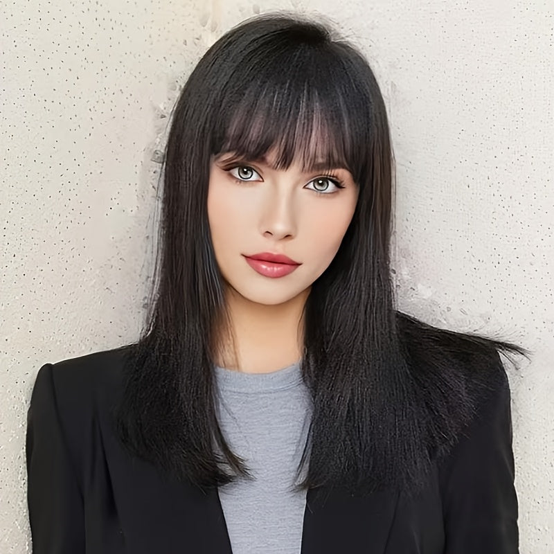 Women'S 18 Inch Long Straight Hair Wig with Bangs, Rose Net Cap, High Temperature Fiber, Easy to Wear, Everyday Style, Straight Hair, Suitable for Music Festivals, Christmas, Cosplay, and Casual Wear