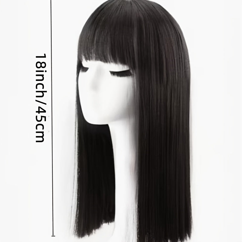 Women'S 18 Inch Long Straight Hair Wig with Bangs, Rose Net Cap, High Temperature Fiber, Easy to Wear, Everyday Style, Straight Hair, Suitable for Music Festivals, Christmas, Cosplay, and Casual Wear