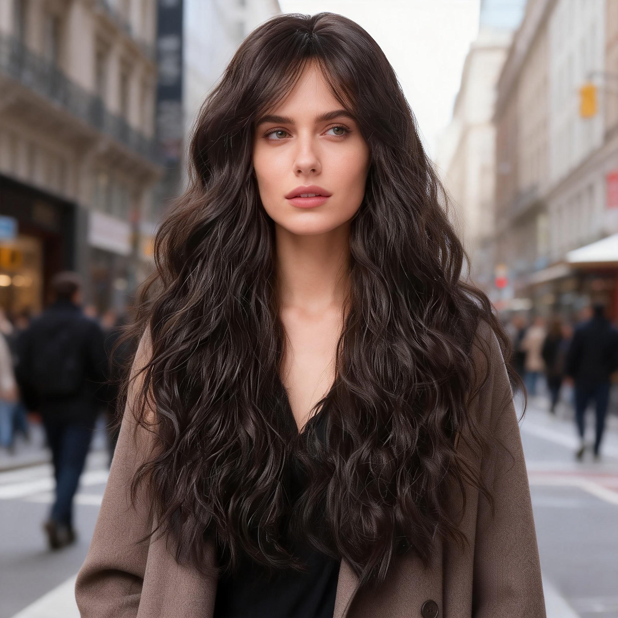 GOLDEN MEMORIES Long Wavy Black Wigs for Women | Synthetic Hair, Heat Resistant, Brunette, Rose Net Cap, Water Wave Curl for Daily Party Cosplay Use